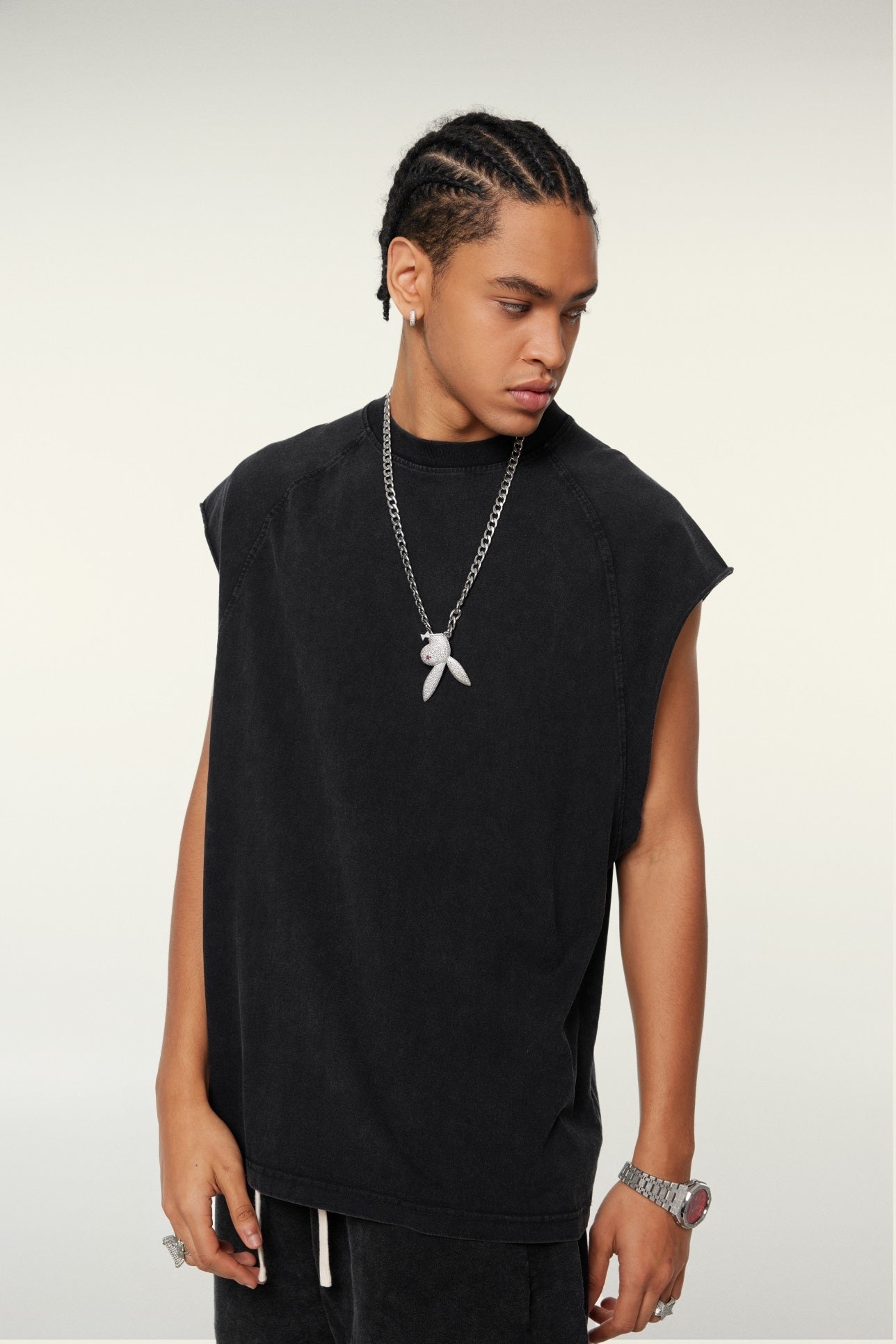 285GSM Men‘s Raglan-Style Snow-Wash Tank Top Black