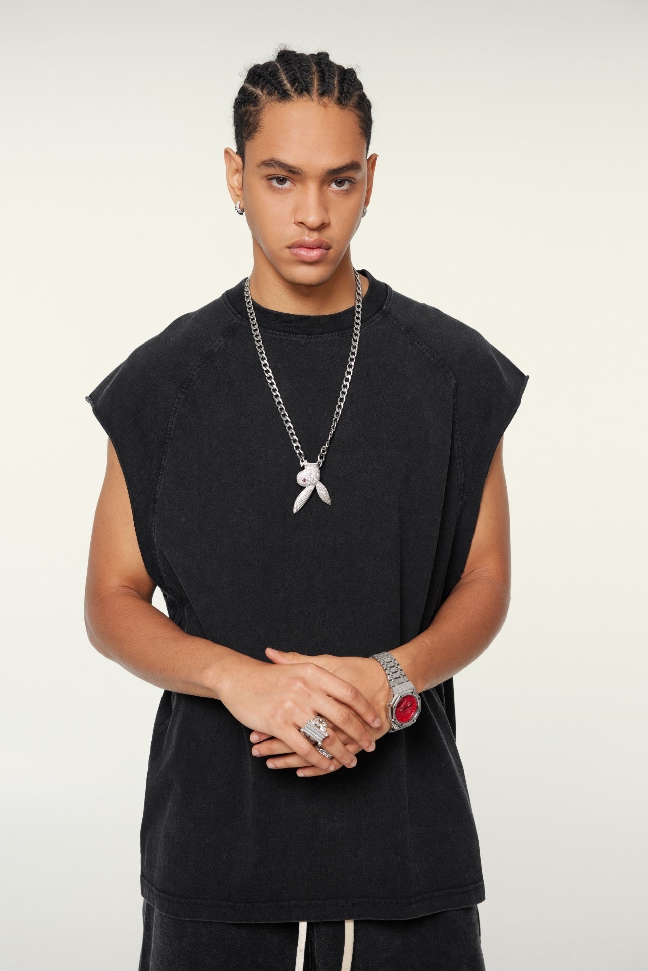 285GSM Men‘s Raglan-Style Snow-Wash Tank Top Black