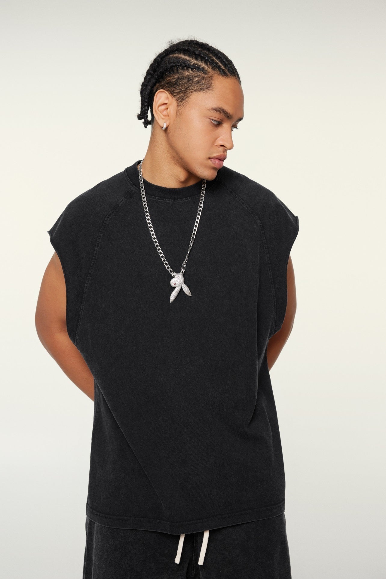285GSM Men‘s Raglan-Style Snow-Wash Tank Top Black