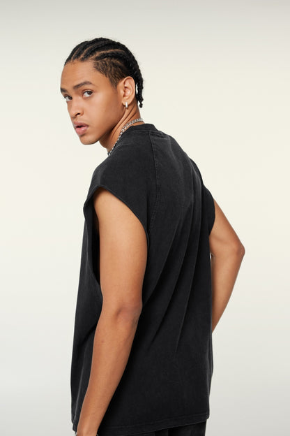 285GSM Men‘s Raglan-Style Snow-Wash Tank Top Black