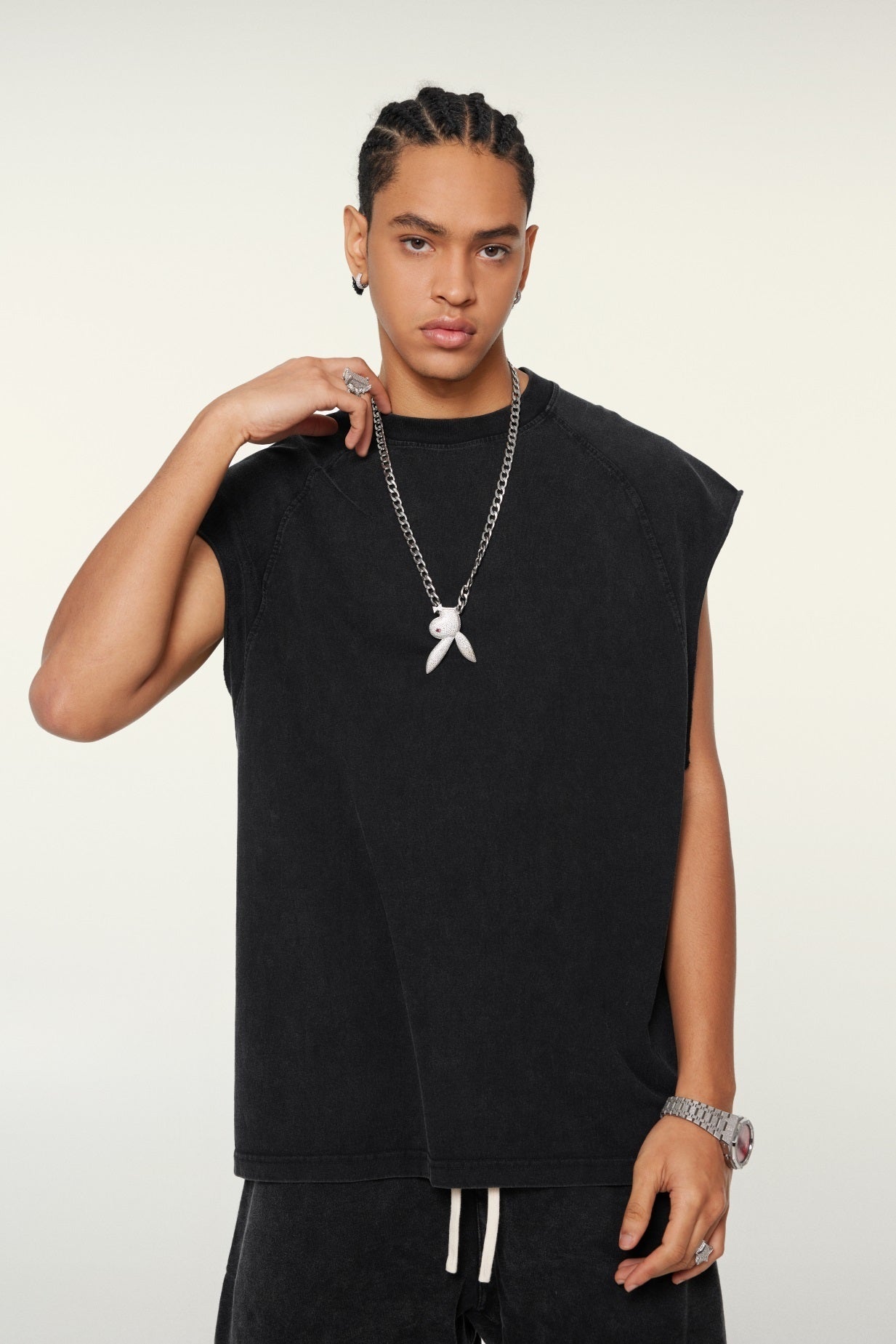 285GSM Men‘s Raglan-Style Snow-Wash Tank Top Black