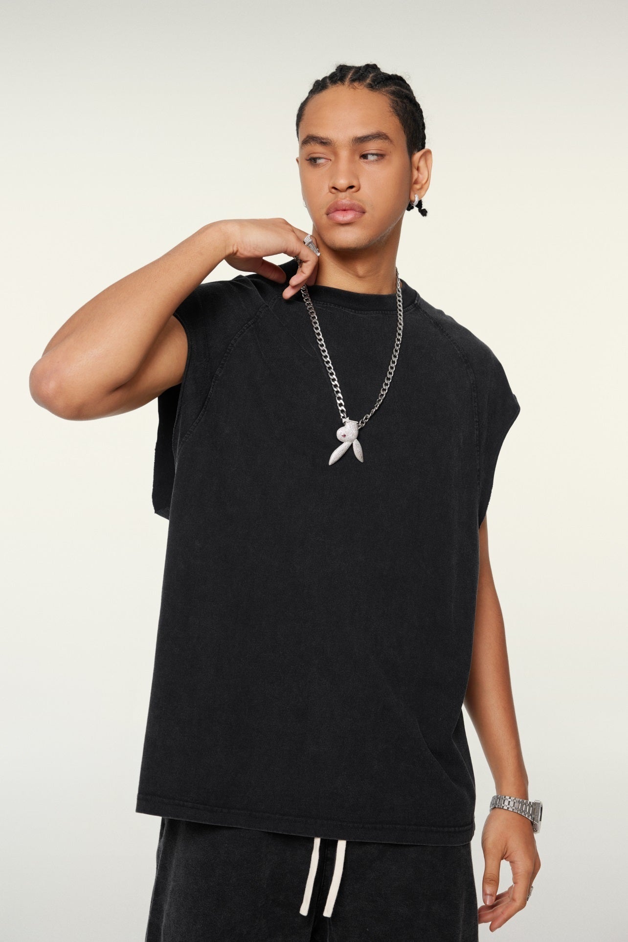 285GSM Men‘s Raglan-Style Snow-Wash Tank Top Black