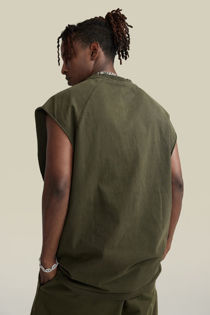 285GSM Men‘s Raglan-Style Snow-Wash Tank Top Military Green