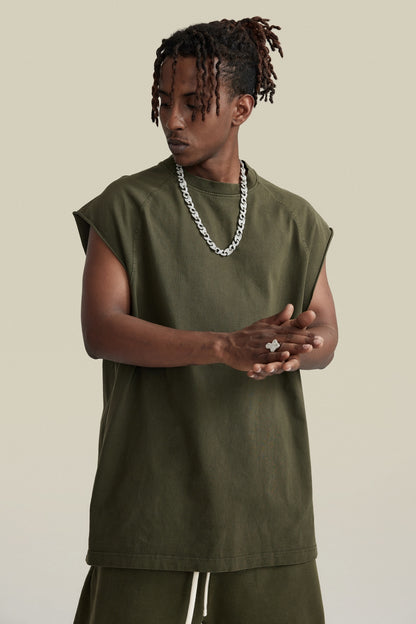 285GSM Men‘s Raglan-Style Snow-Wash Tank Top Military Green