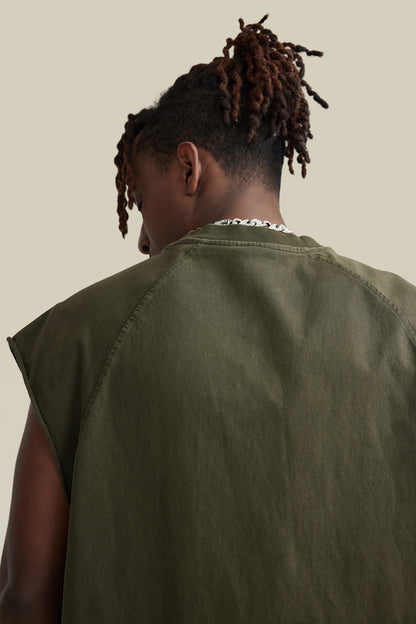 285GSM Men‘s Raglan-Style Snow-Wash Tank Top Military Green