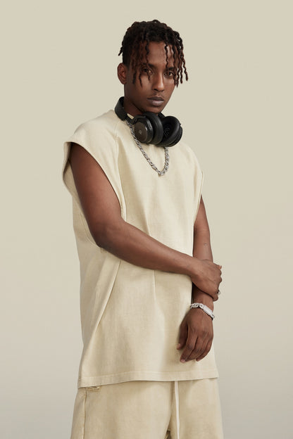 285GSM Men‘s Raglan-Style Snow-Wash Tank Top Grey Apricot