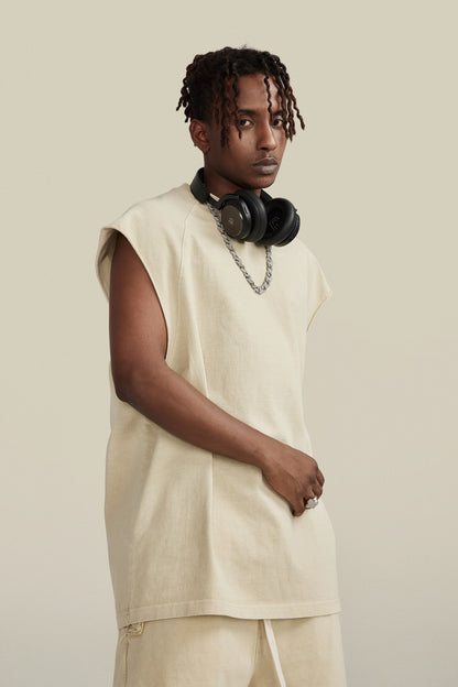 285GSM Men‘s Raglan-Style Snow-Wash Tank Top Grey Apricot