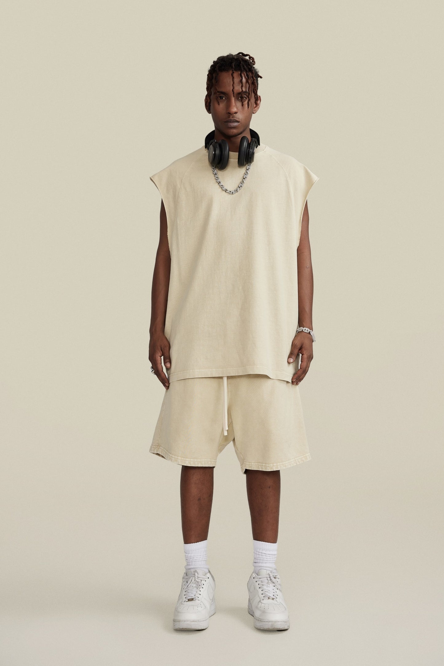 285GSM Men‘s Raglan-Style Snow-Wash Tank Top Grey Apricot