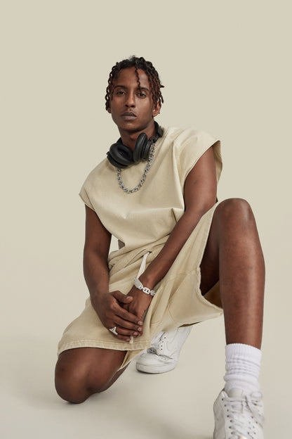285GSM Men‘s Raglan-Style Snow-Wash Tank Top Grey Apricot