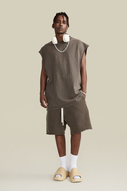 285GSM Men‘s Raglan-Style Snow-Wash Tank Top Coffee Brown