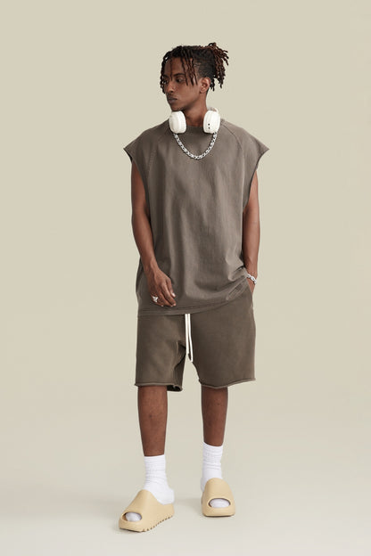 285GSM Men‘s Raglan-Style Snow-Wash Tank Top Coffee Brown