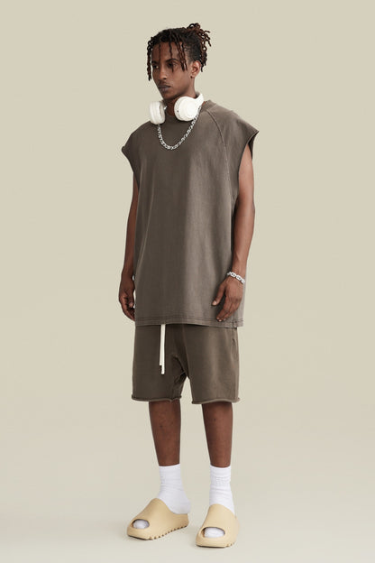 285GSM Men‘s Raglan-Style Snow-Wash Tank Top Coffee Brown