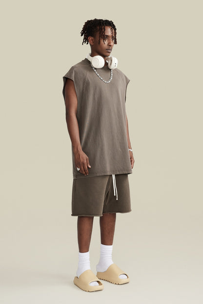 285GSM Men‘s Raglan-Style Snow-Wash Tank Top Coffee Brown