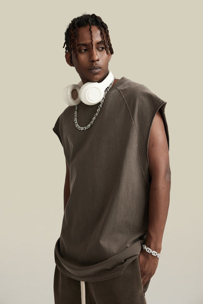 285GSM Men‘s Raglan-Style Snow-Wash Tank Top Coffee Brown