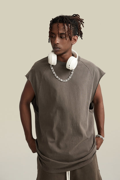 285GSM Men‘s Raglan-Style Snow-Wash Tank Top Coffee Brown