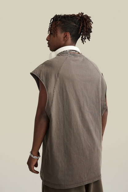 285GSM Men‘s Raglan-Style Snow-Wash Tank Top Coffee Brown