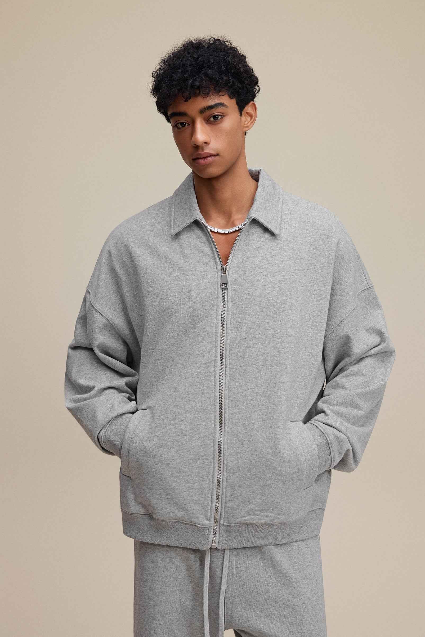 445GSM Men's Heavyweight Zip-Up Collared Hoodie