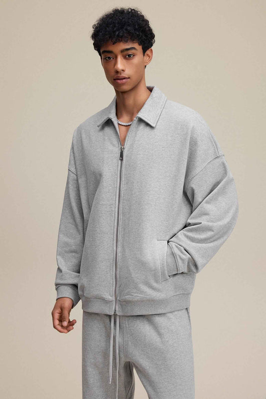445GSM Men's Heavyweight Zip-Up Collared Hoodie