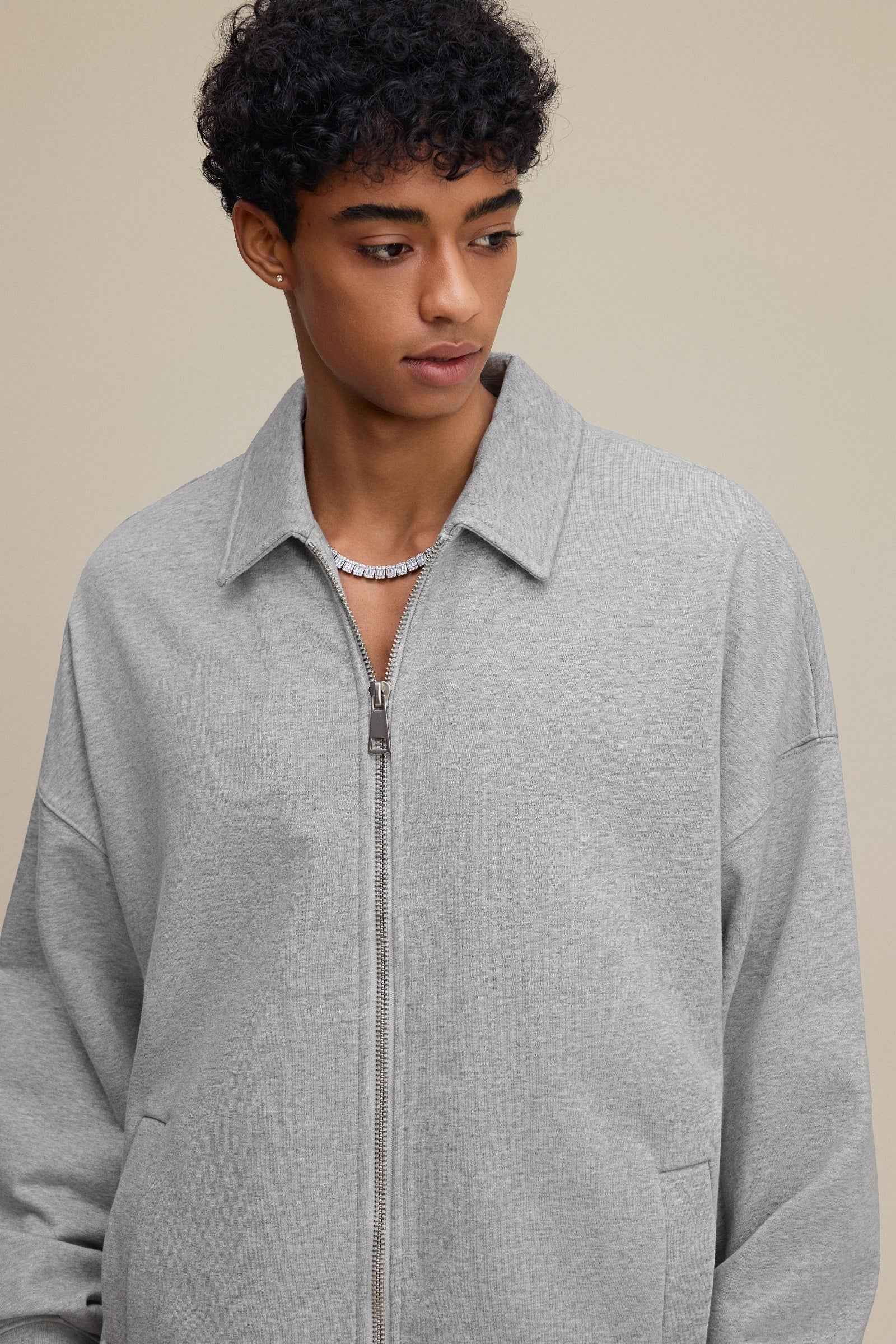 445GSM Men's Heavyweight Zip-Up Collared Hoodie