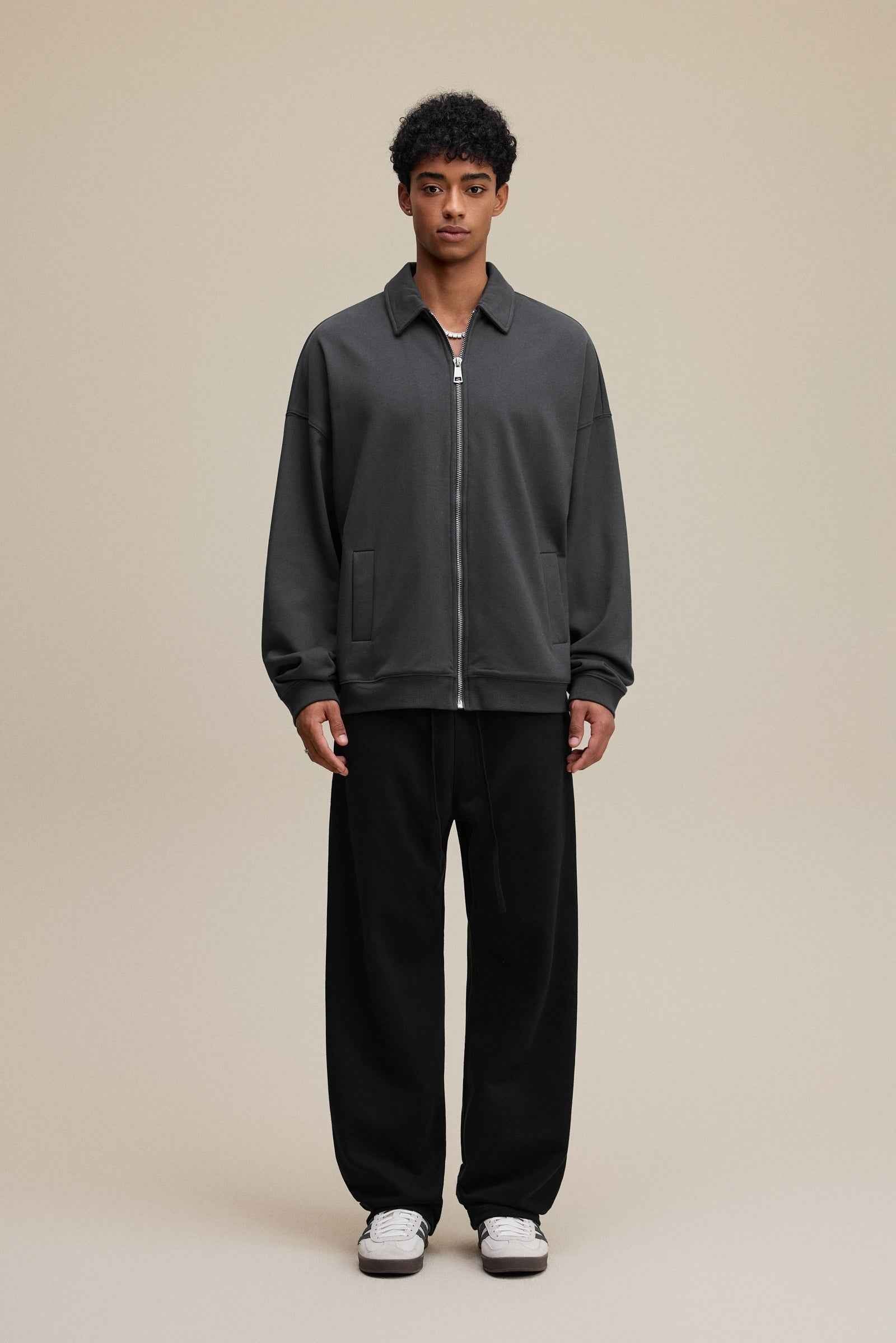 445GSM Men's Heavyweight Zip-Up Collared Hoodie