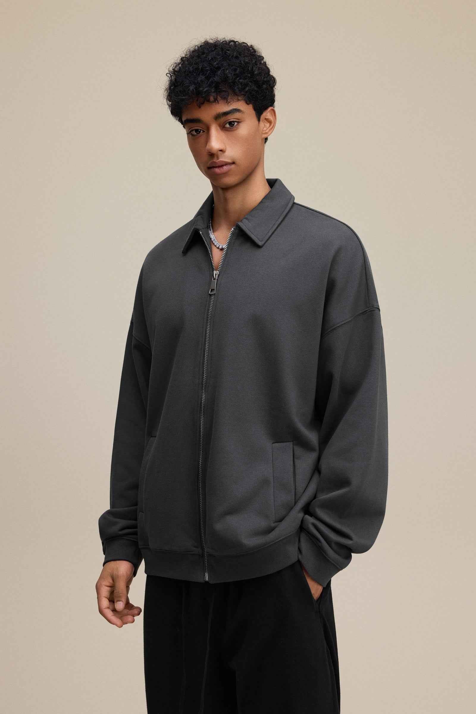 445GSM Men's Heavyweight Zip-Up Collared Hoodie