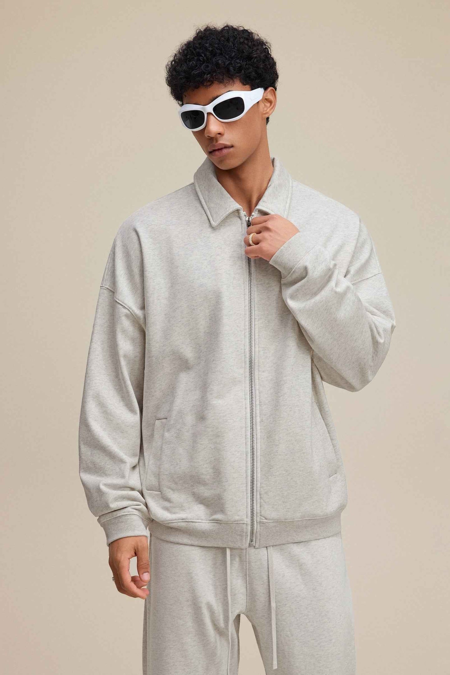 445GSM Men's Heavyweight Zip-Up Collared Hoodie