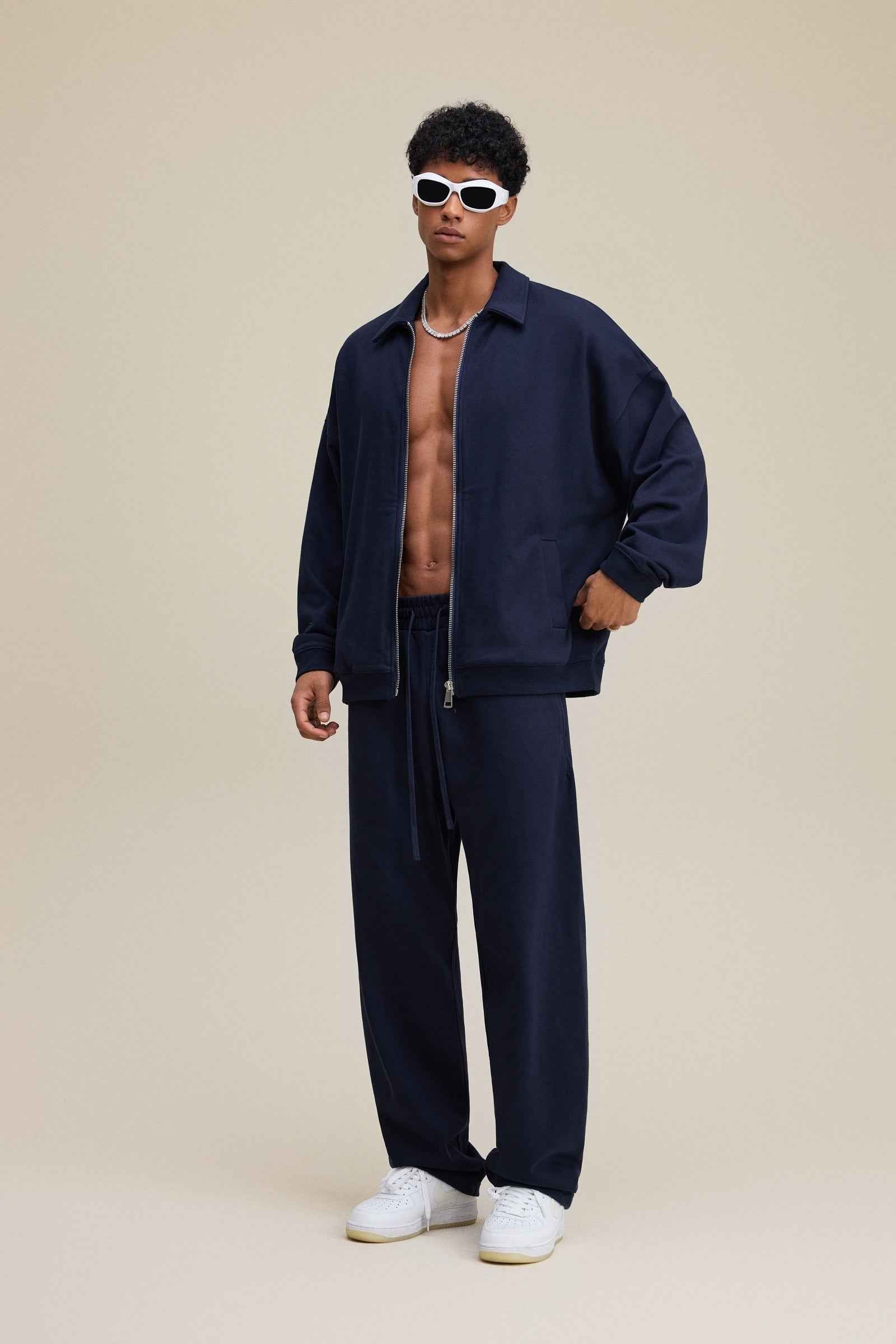 445GSM Men's Heavyweight Zip-Up Collared Hoodie