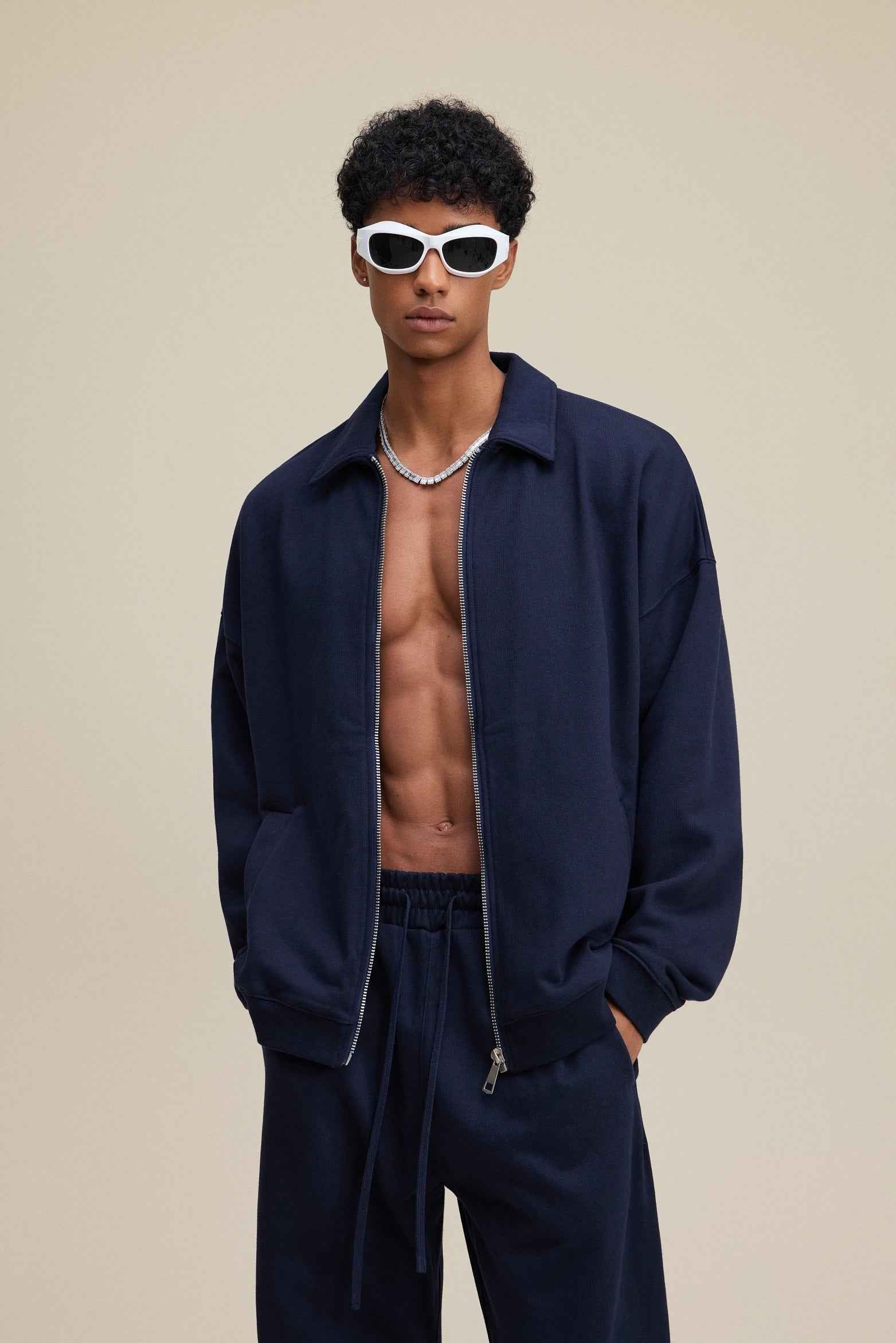 445GSM Men's Heavyweight Zip-Up Collared Hoodie
