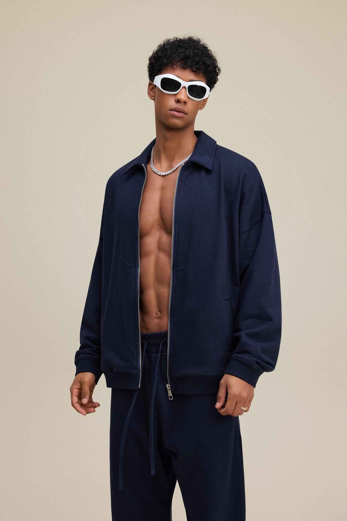 445GSM Men's Heavyweight Zip-Up Collared Hoodie