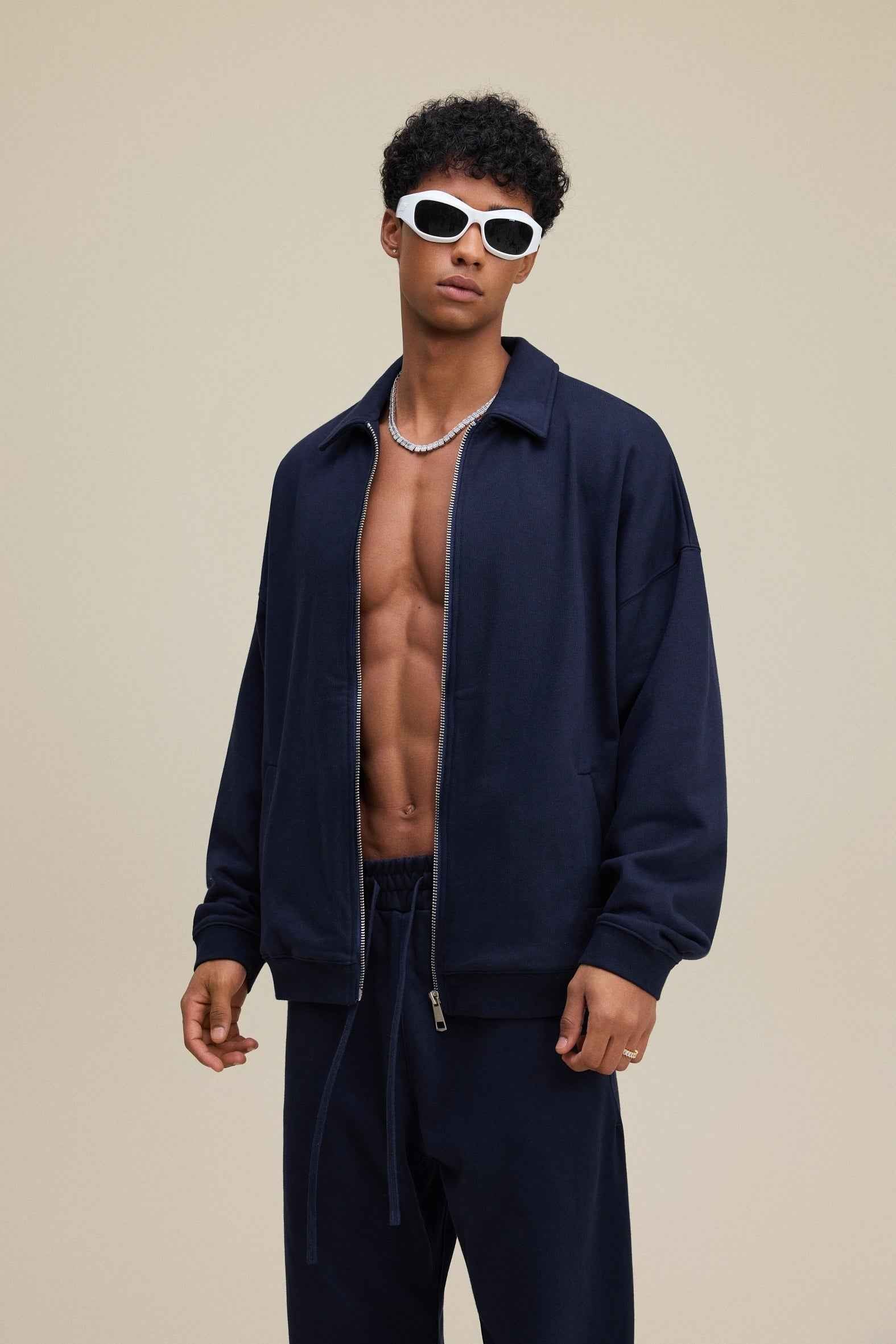 445GSM Men's Heavyweight Zip-Up Collared Hoodie