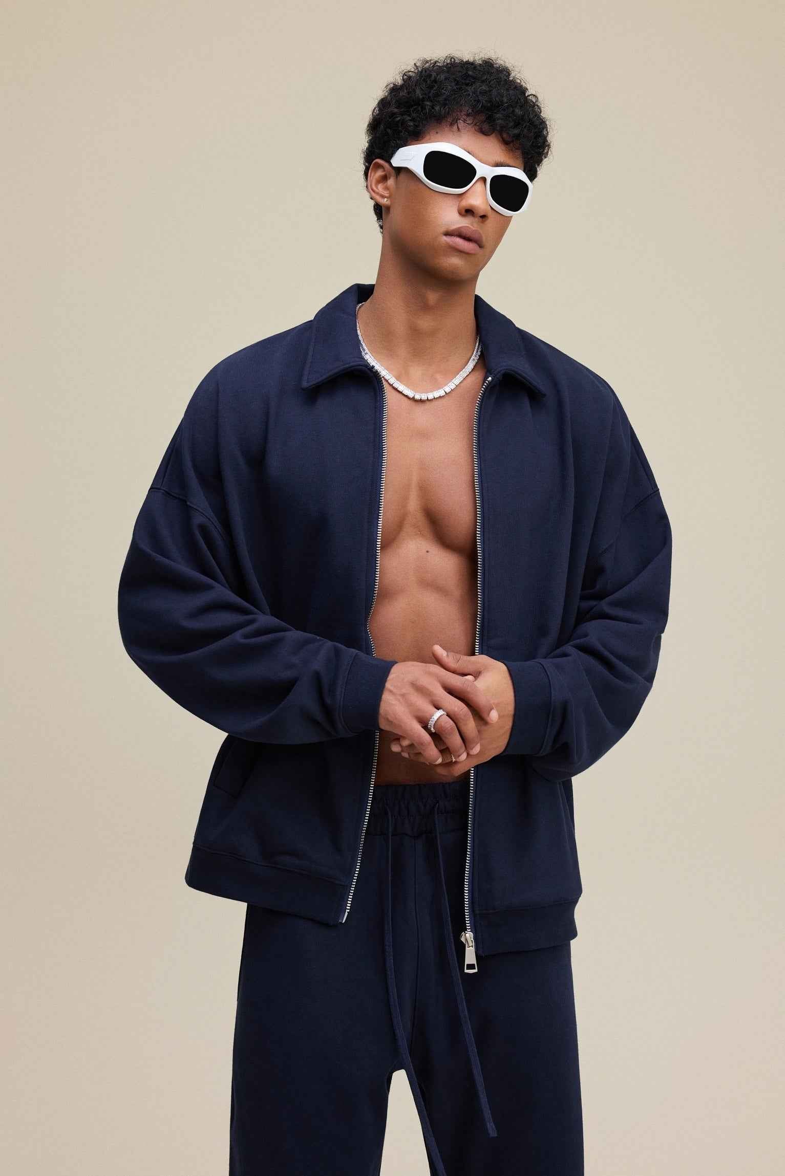 445GSM Men's Heavyweight Zip-Up Collared Hoodie