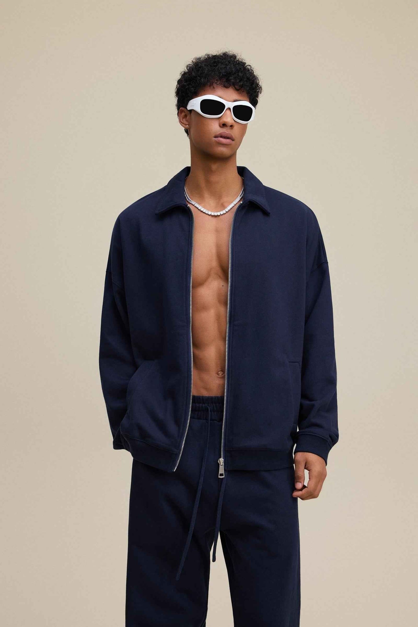 445GSM Men's Heavyweight Zip-Up Collared Hoodie