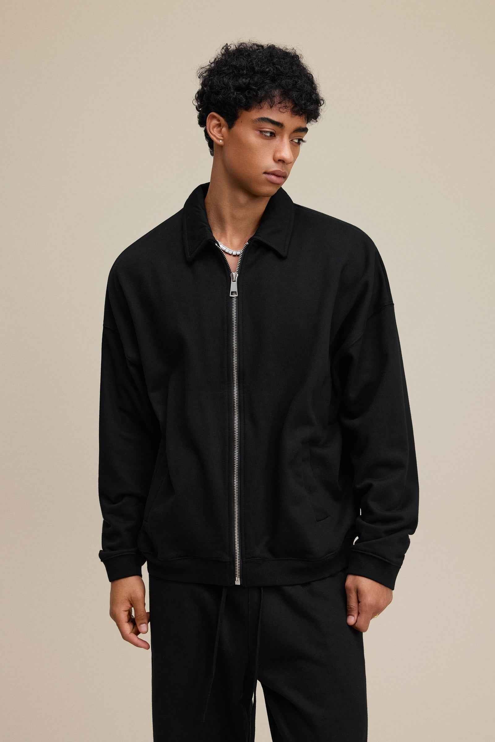 445GSM Men's Heavyweight Zip-Up Collared Hoodie