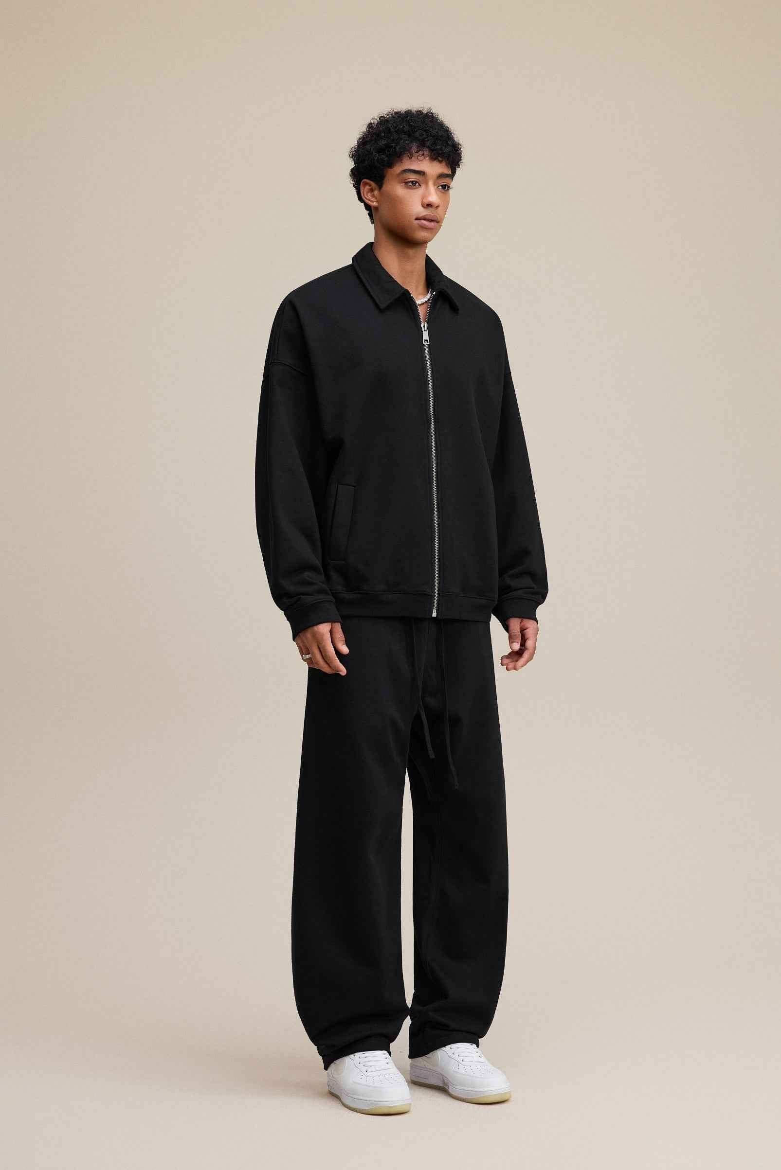 445GSM Men's Heavyweight Zip-Up Collared Hoodie