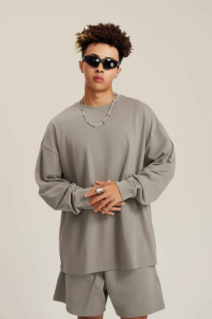 305GSM Unisex Premium Heavyweight Double-Yarn Plain Fabric Earth-Tone Basic Layering Long sleeve Tee