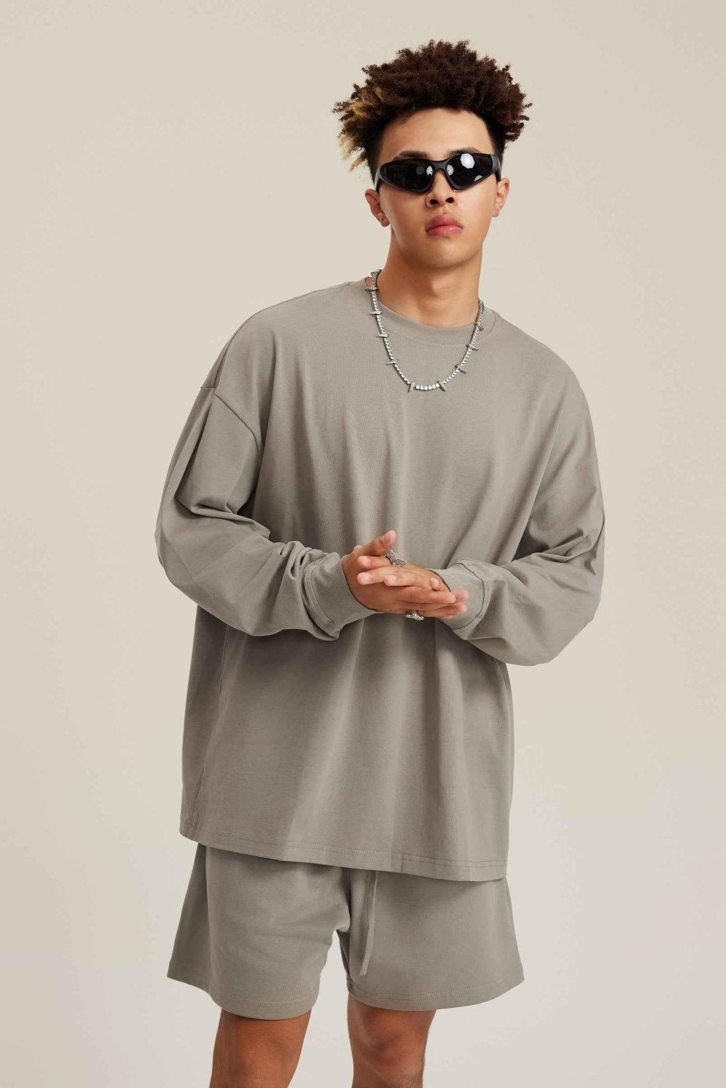 305GSM Unisex Premium Heavyweight Double-Yarn Plain Fabric Earth-Tone Basic Layering Long sleeve Tee