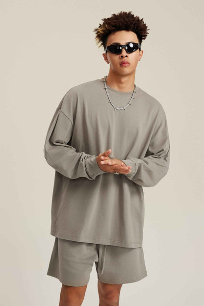 305GSM Unisex Premium Heavyweight Double-Yarn Plain Fabric Earth-Tone Basic Layering Long sleeve Tee