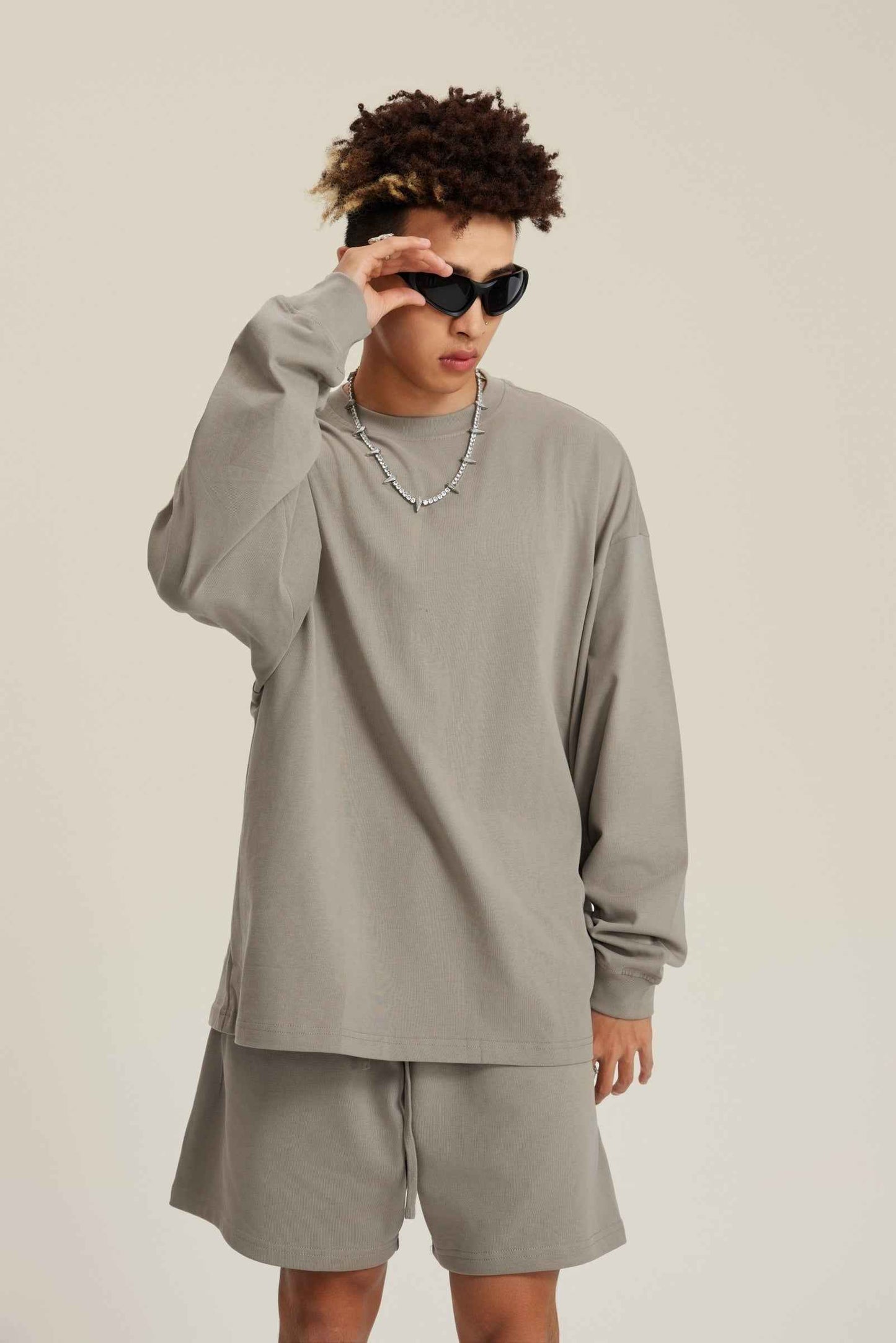 305GSM Unisex Premium Heavyweight Double-Yarn Plain Fabric Earth-Tone Basic Layering Long sleeve Tee