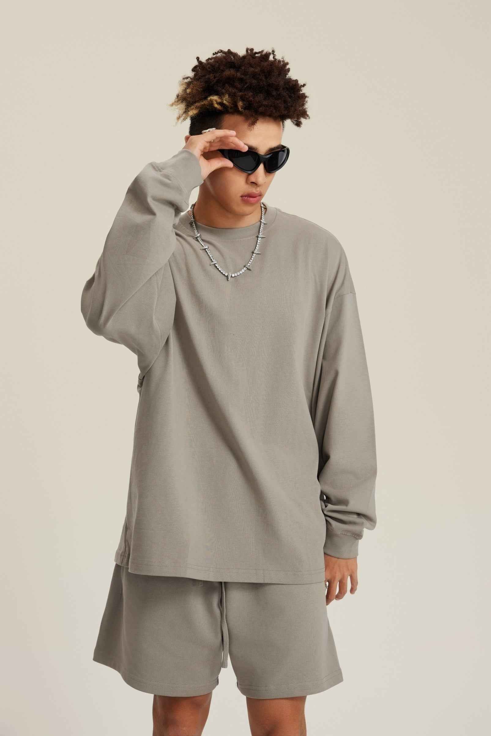 305GSM Unisex Premium Heavyweight Double-Yarn Plain Fabric Earth-Tone Basic Layering Long sleeve Tee