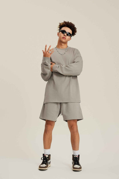 305GSM Unisex Premium Heavyweight Double-Yarn Plain Fabric Earth-Tone Basic Layering Long sleeve Tee