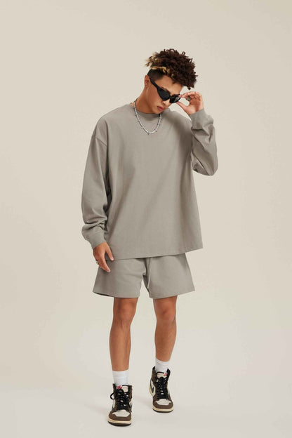 305GSM Unisex Premium Heavyweight Double-Yarn Plain Fabric Earth-Tone Basic Layering Long sleeve Tee