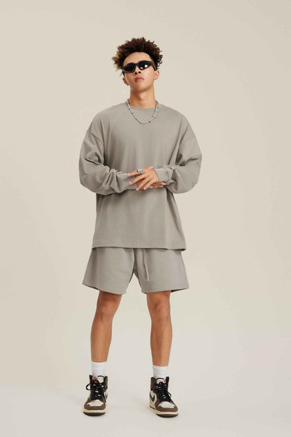 305GSM Unisex Premium Heavyweight Double-Yarn Plain Fabric Earth-Tone Basic Layering Long sleeve Tee