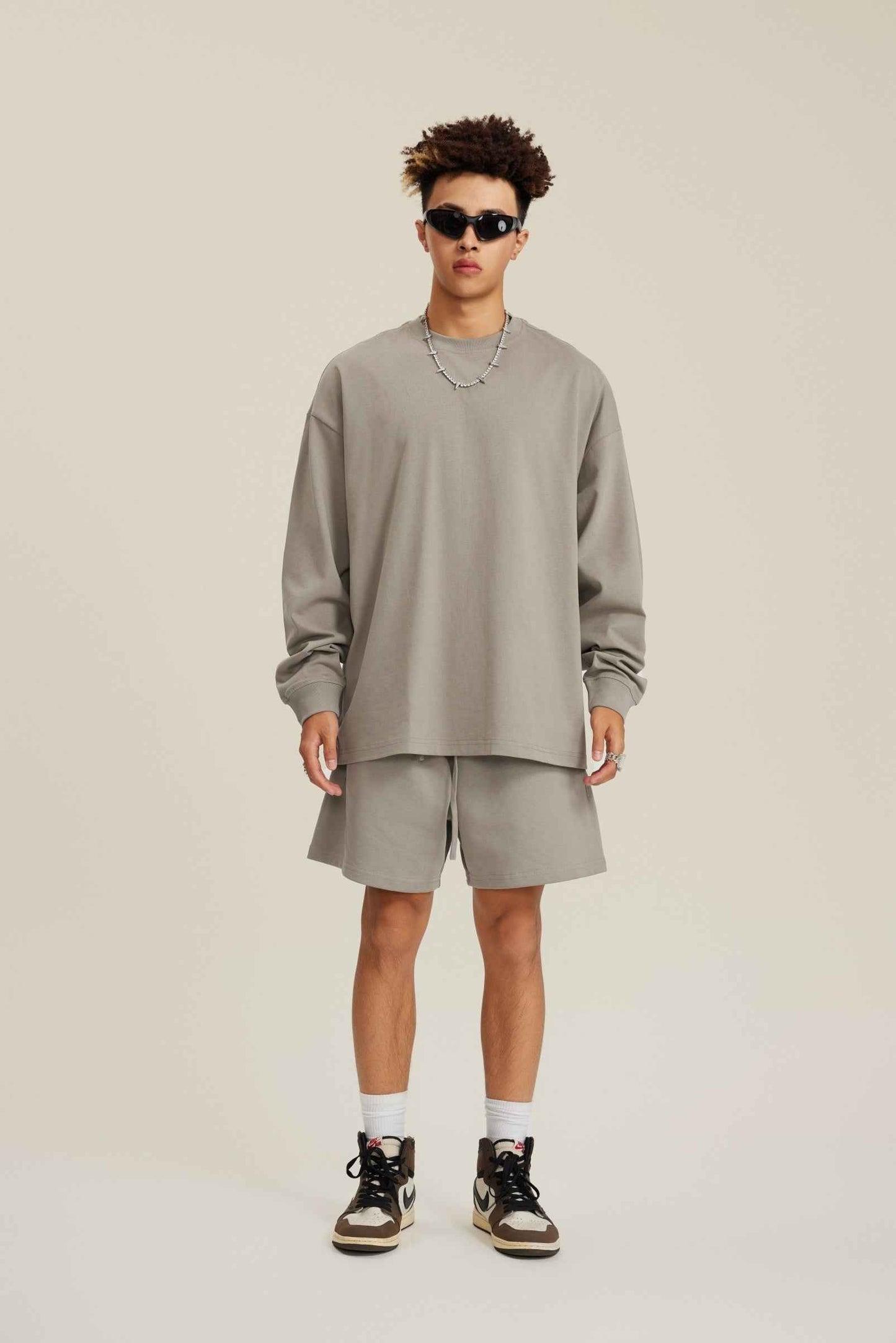 305GSM Unisex Premium Heavyweight Double-Yarn Plain Fabric Earth-Tone Basic Layering Long sleeve Tee