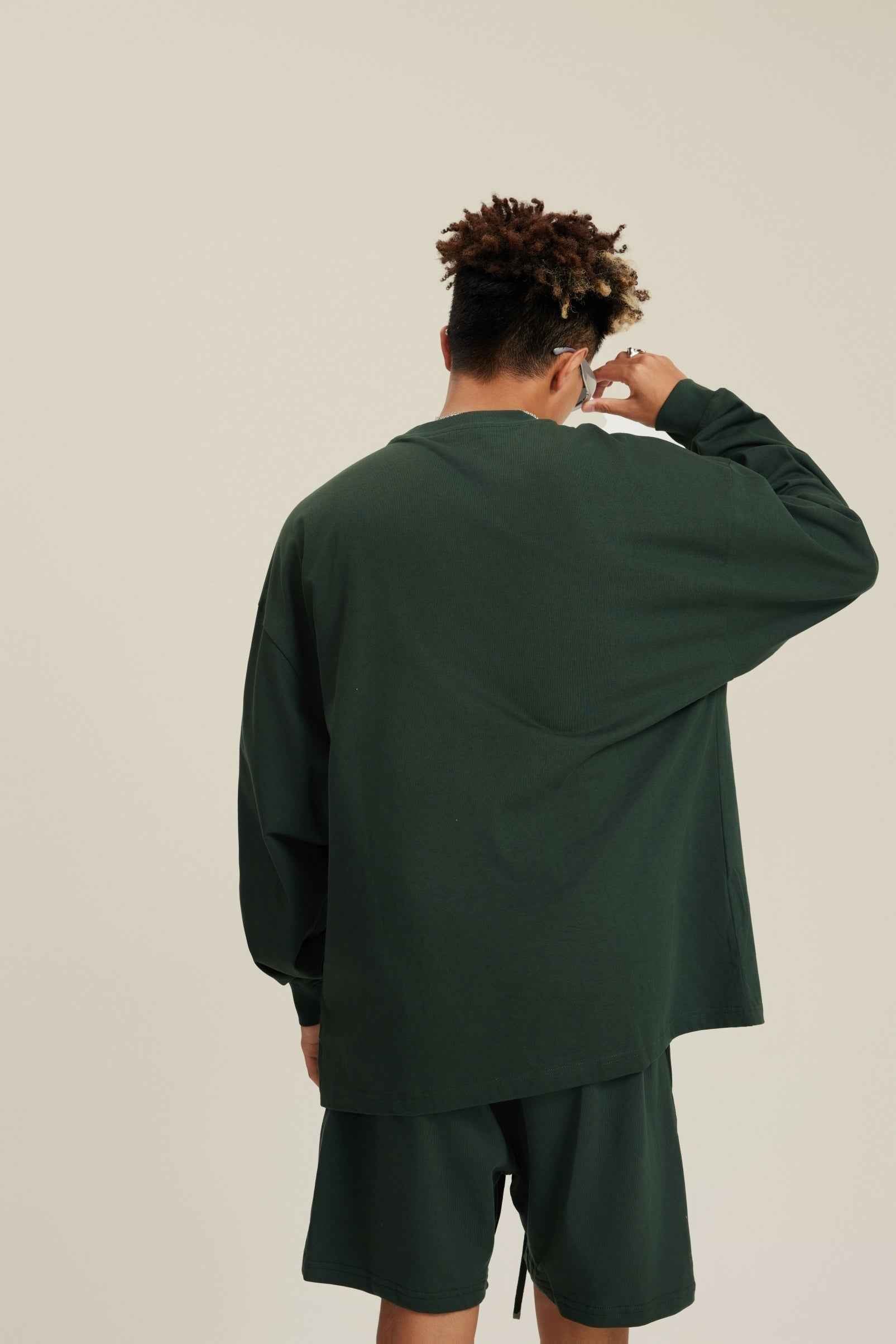 305GSM Unisex Premium Heavyweight Double-Yarn Plain Fabric Earth-Tone Basic Layering Long sleeve Tee