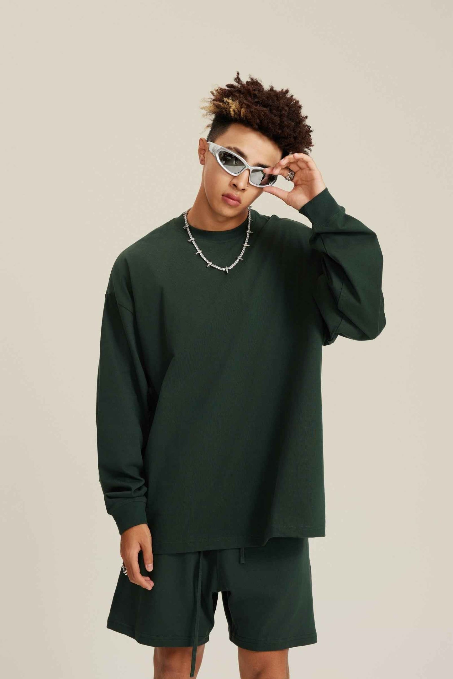 305GSM Unisex Premium Heavyweight Double-Yarn Plain Fabric Earth-Tone Basic Layering Long sleeve Tee