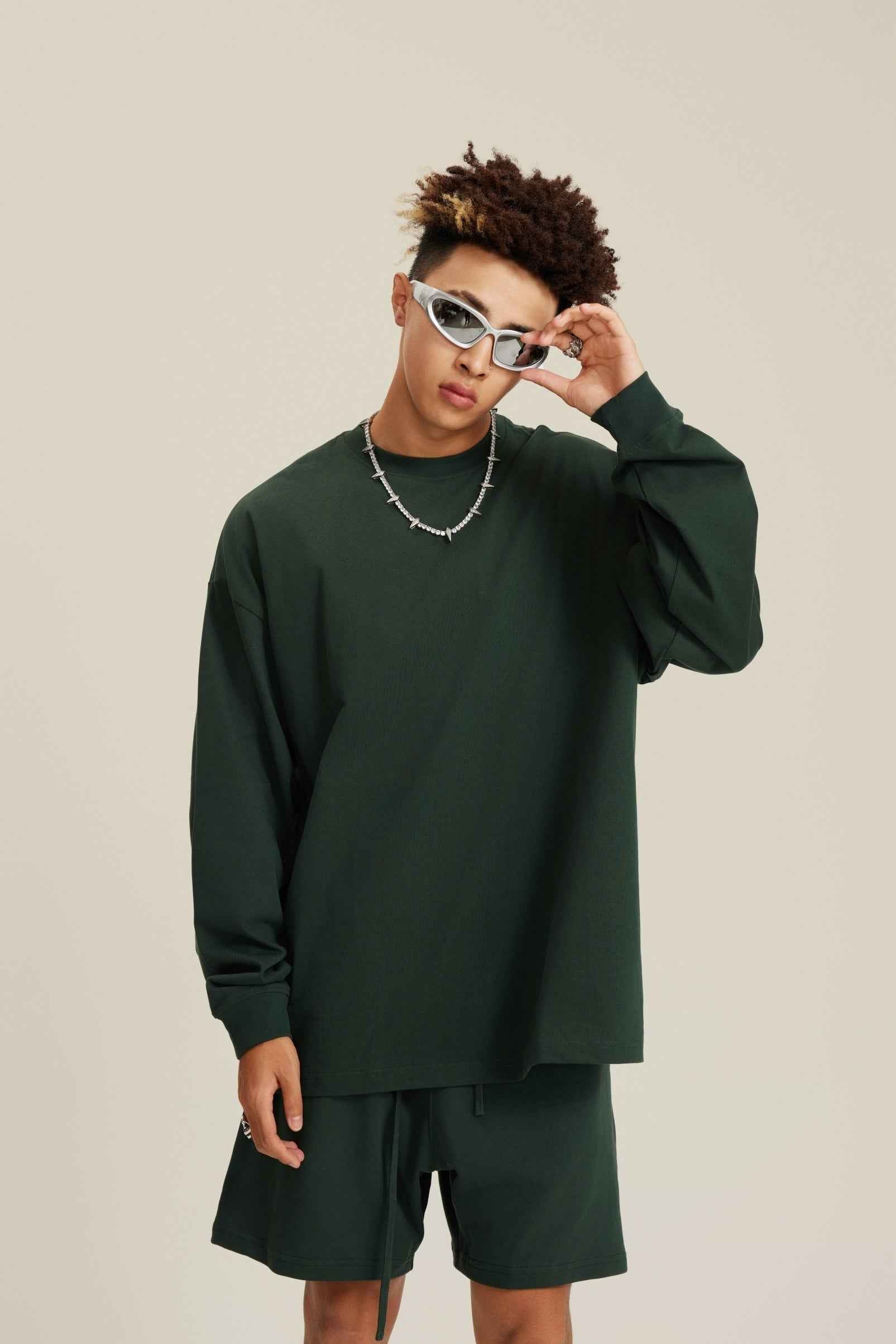 305GSM Unisex Premium Heavyweight Double-Yarn Plain Fabric Earth-Tone Basic Layering Long sleeve Tee