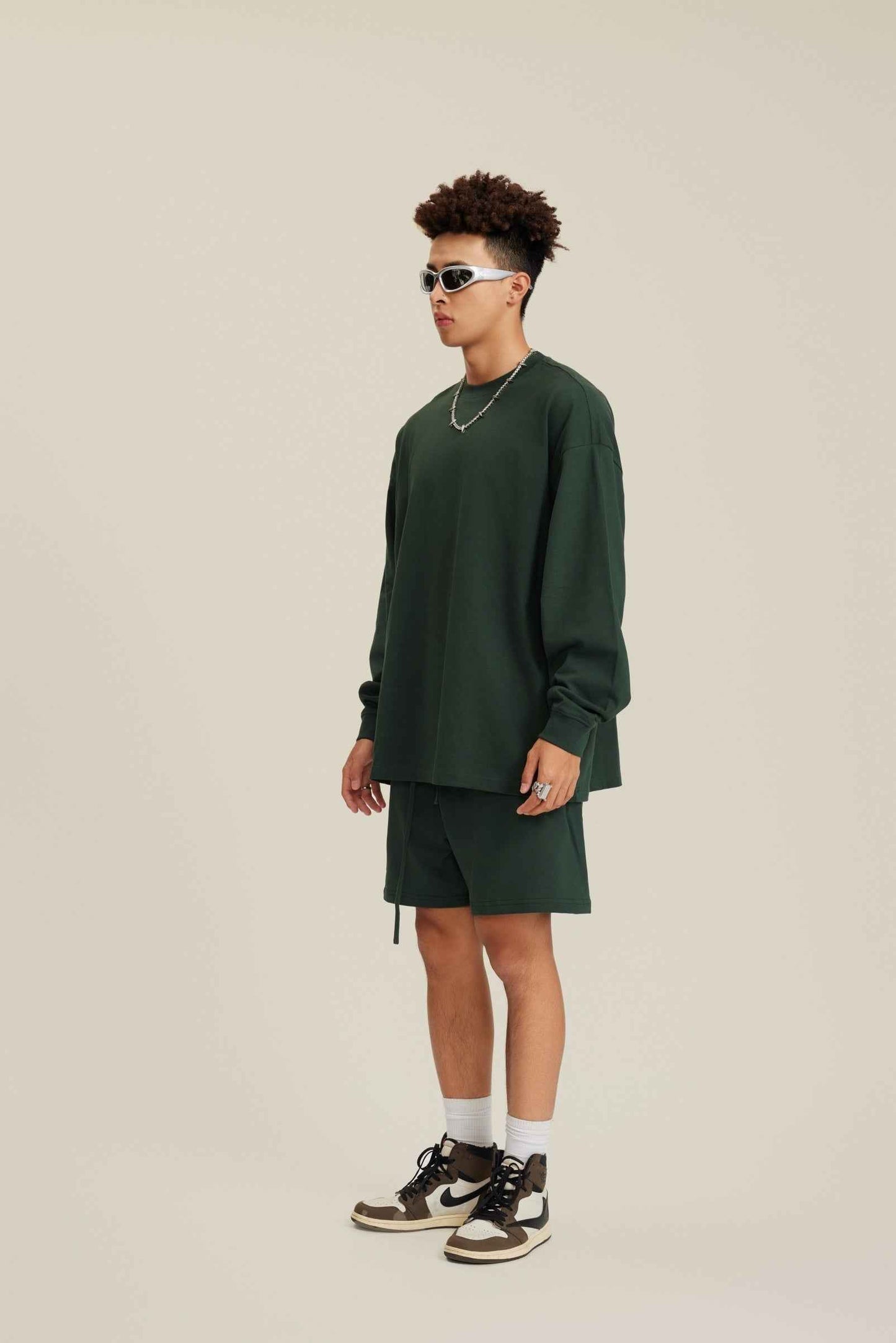 305GSM Unisex Premium Heavyweight Double-Yarn Plain Fabric Earth-Tone Basic Layering Long sleeve Tee