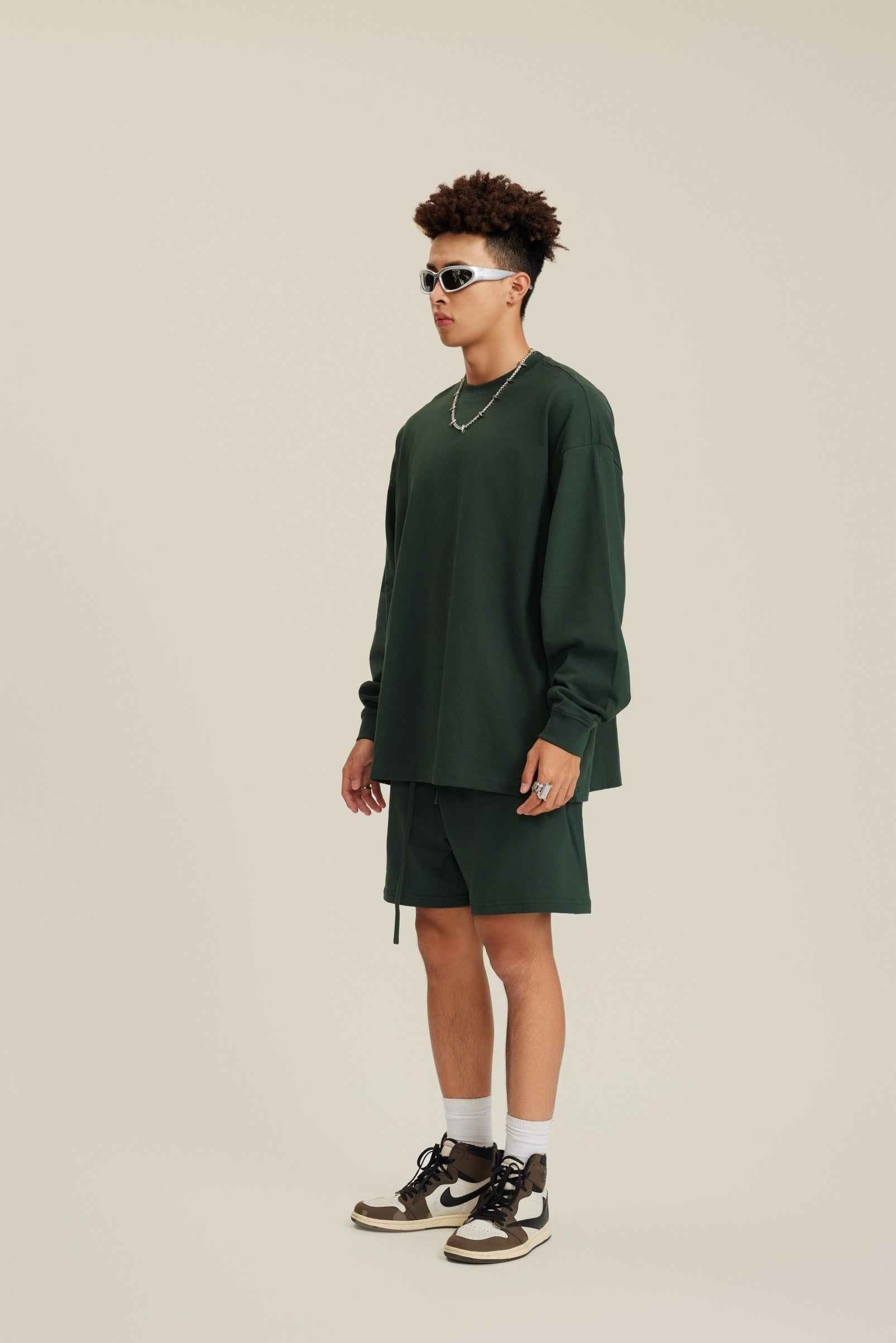 305GSM Unisex Premium Heavyweight Double-Yarn Plain Fabric Earth-Tone Basic Layering Long sleeve Tee