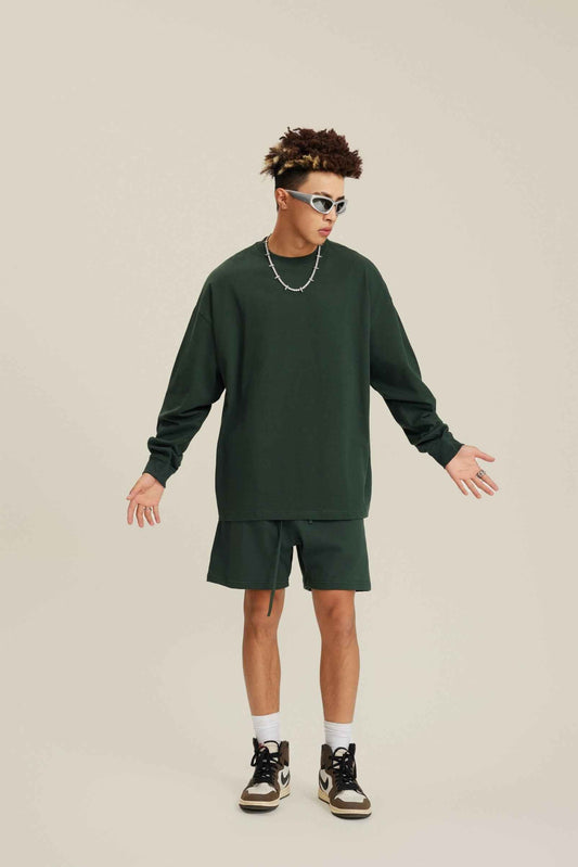 305GSM Unisex Premium Heavyweight Double-Yarn Plain Fabric Earth-Tone Basic Layering Long sleeve Tee