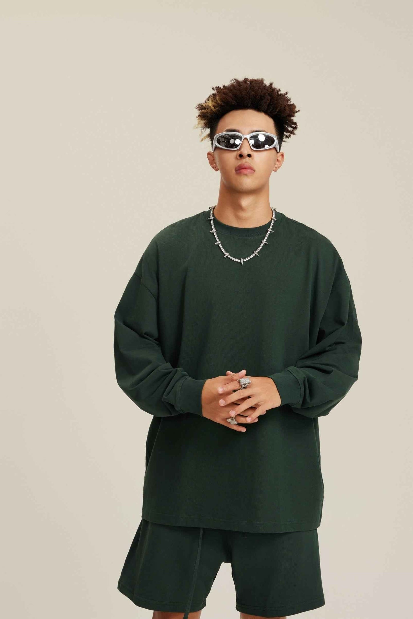 305GSM Unisex Premium Heavyweight Double-Yarn Plain Fabric Earth-Tone Basic Layering Long sleeve Tee